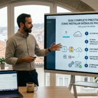 Infográfico passo a passo de como instalar módulos no PrestaShop para iniciantes, com design moderno azul e bandeira de Portugal.