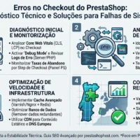Infográfico avançado sobre diagnóstico técnico de erros no checkout do PrestaShop, abordando Core Web Vitals, Debug Mode, conflitos de JS/PHP e conformidade PSD2 em Portugal.