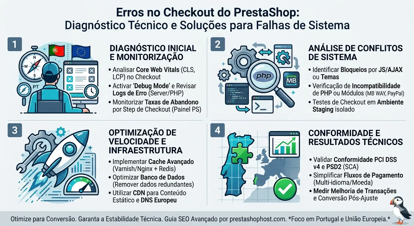 Infográfico avançado sobre diagnóstico técnico de erros no checkout do PrestaShop, abordando Core Web Vitals, Debug Mode, conflitos de JS/PHP e conformidade PSD2 em Portugal.