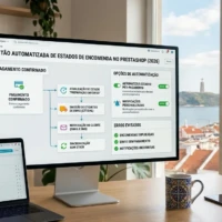 Interface de gestão do PrestaShop num monitor de secretária demonstrando o fluxo automatizado de estados de encomenda com vista para Lisboa.