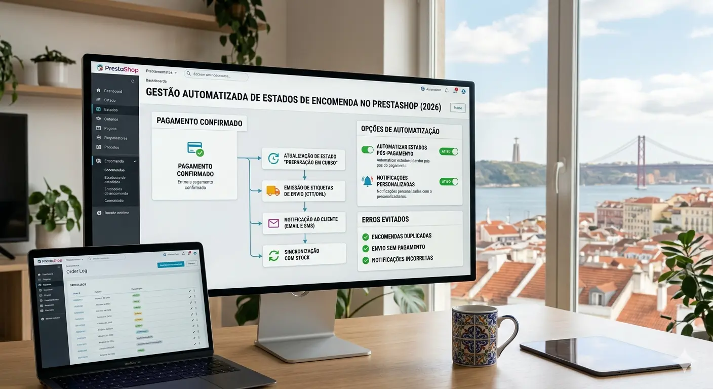 Interface de gestão do PrestaShop num monitor de secretária demonstrando o fluxo automatizado de estados de encomenda com vista para Lisboa.