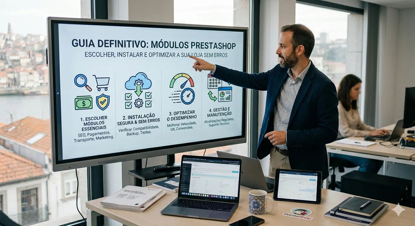 Especialista em e-commerce no Porto apresenta infográfico sobre como escolher e instalar módulos PrestaShop sem erros.