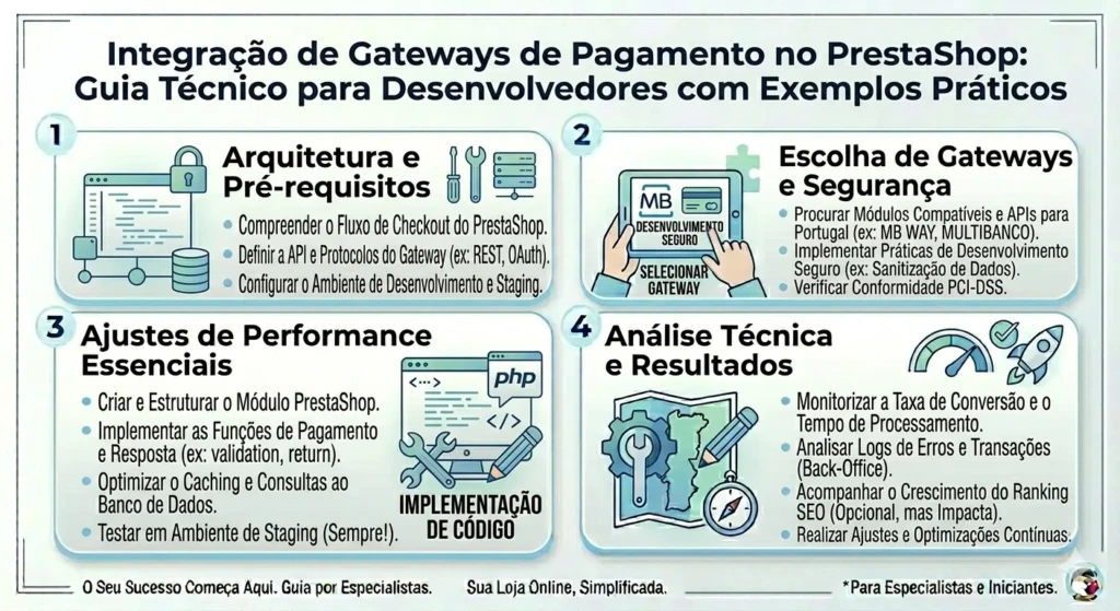Guia técnico para desenvolvedores sobre integração de gateways de pagamento no PrestaShop, incluindo fluxos de API e ambiente de staging.