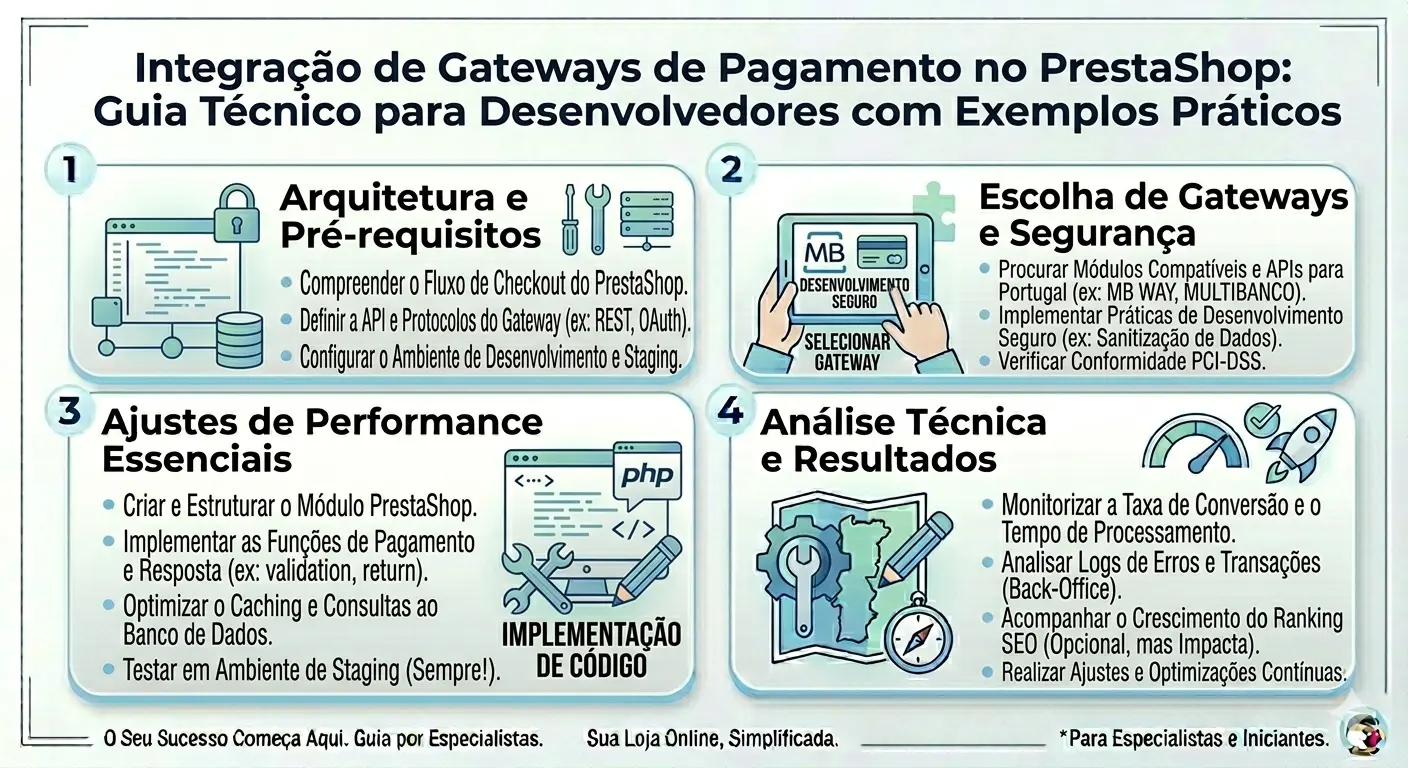 Guia técnico para desenvolvedores sobre integração de gateways de pagamento no PrestaShop, incluindo fluxos de API e ambiente de staging.