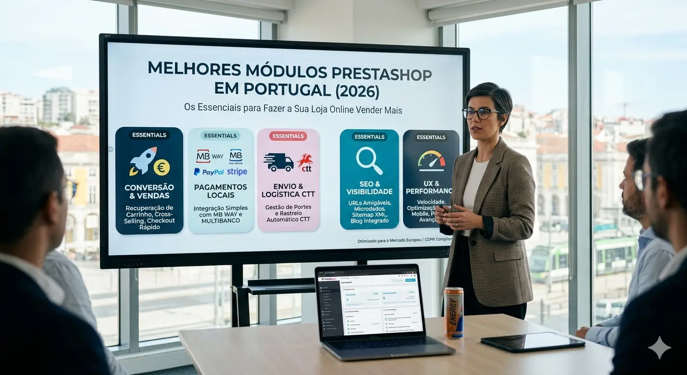 Especialista em e-commerce apresenta infográfico com os melhores módulos PrestaShop em Portugal para 2026, incluindo MB WAY, Multibanco e CTT.