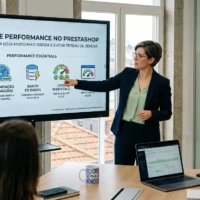 Especialista em e-commerce apresenta infográfico sobre optimização de performance no PrestaShop num escritório com vista para o Rio Douro.