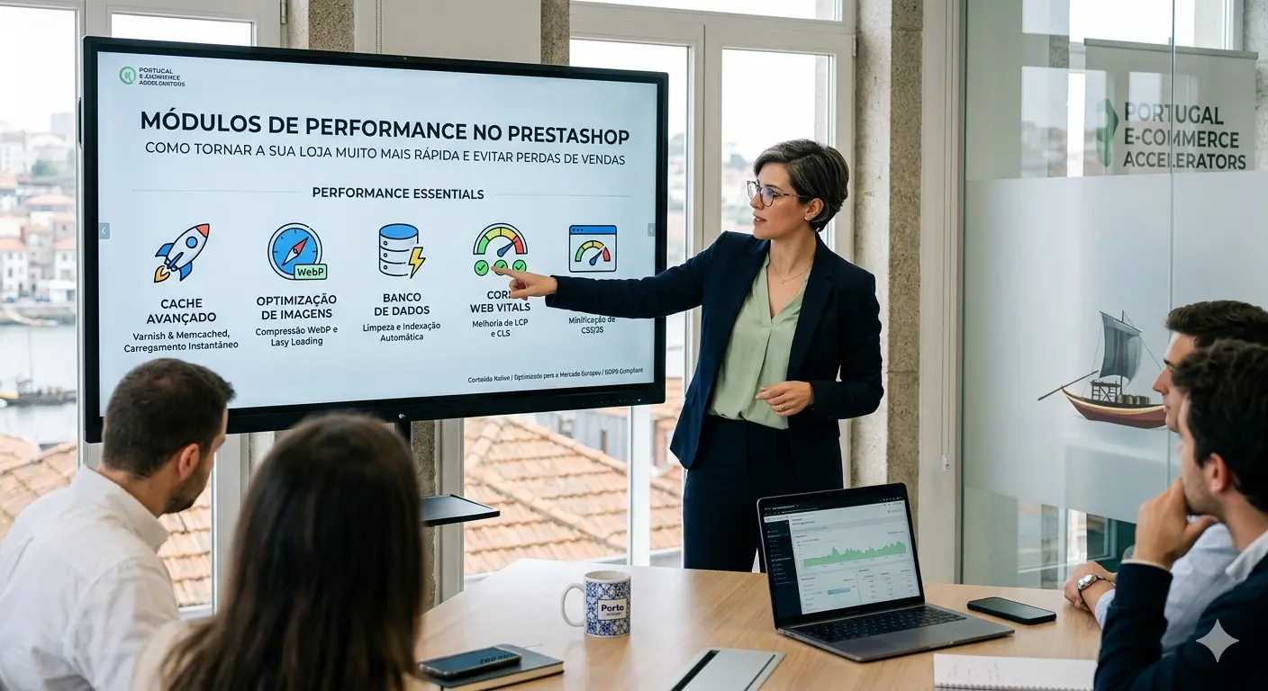 Especialista em e-commerce apresenta infográfico sobre optimização de performance no PrestaShop num escritório com vista para o Rio Douro.