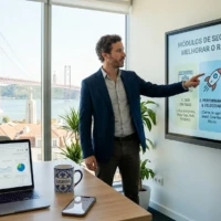 Consultor de marketing digital apresenta infográfico sobre optimização SEO para lojas PrestaShop com vista para a Ponte 25 de Abril.