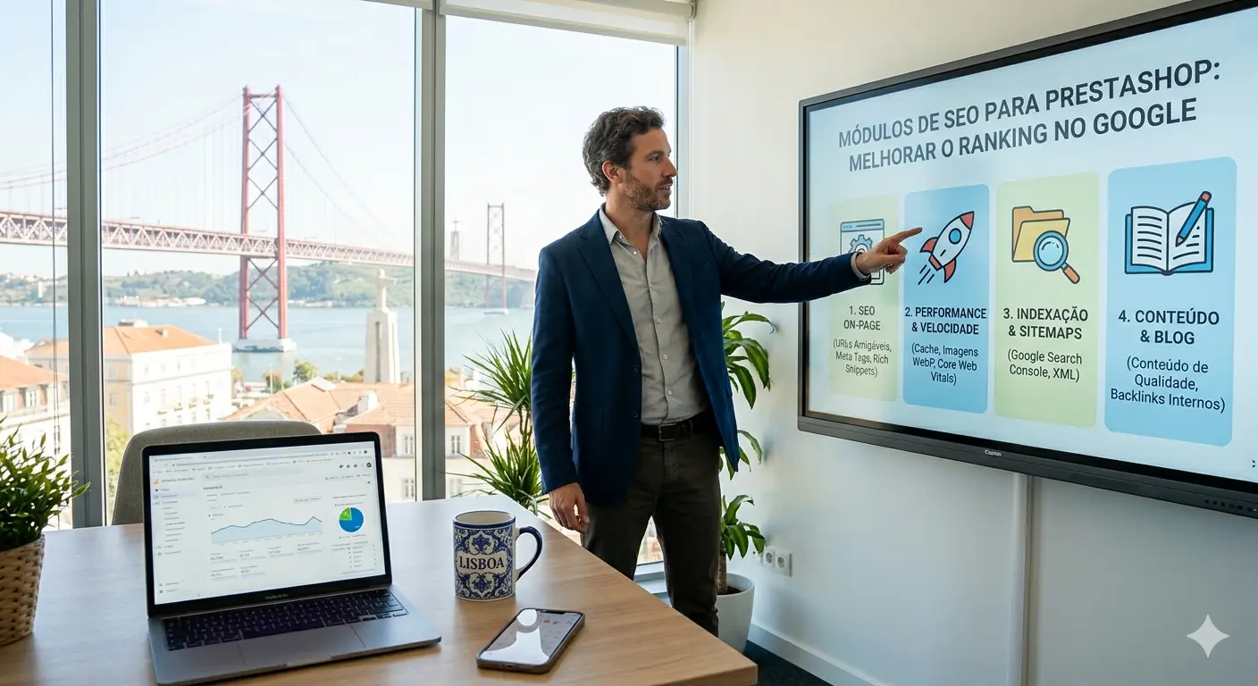 Consultor de marketing digital apresenta infográfico sobre optimização SEO para lojas PrestaShop com vista para a Ponte 25 de Abril.