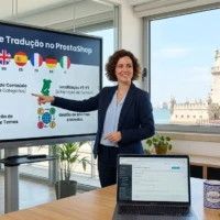 Consultora de e-commerce explica o funcionamento de módulos de tradução multilingue no PrestaShop junto à Torre de Belém.