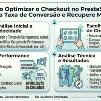 Infográfico sobre como optimizar o checkout no PrestaShop para aumentar a conversão, focando em velocidade, imagens WebP e limpeza de base de dados.