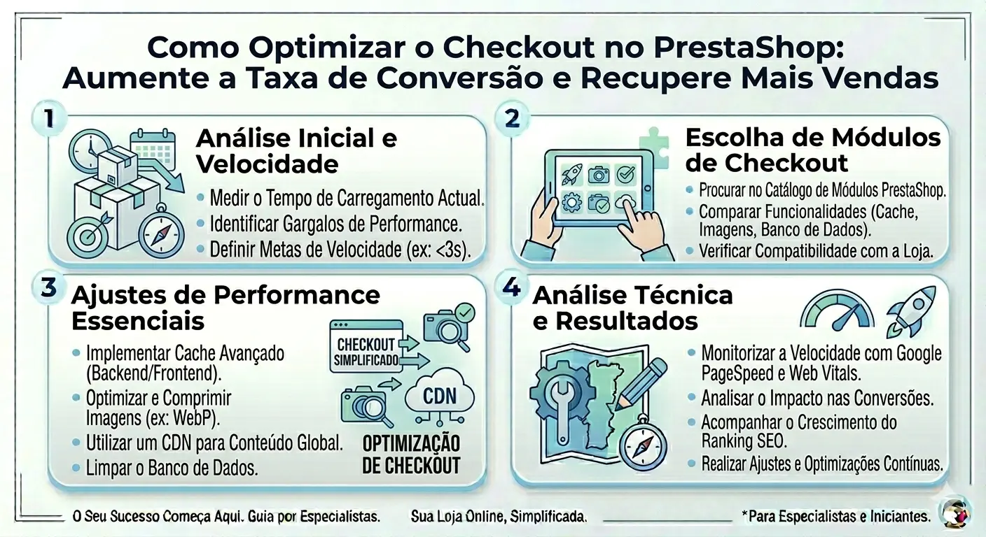 Infográfico sobre como optimizar o checkout no PrestaShop para aumentar a conversão, focando em velocidade, imagens WebP e limpeza de base de dados.