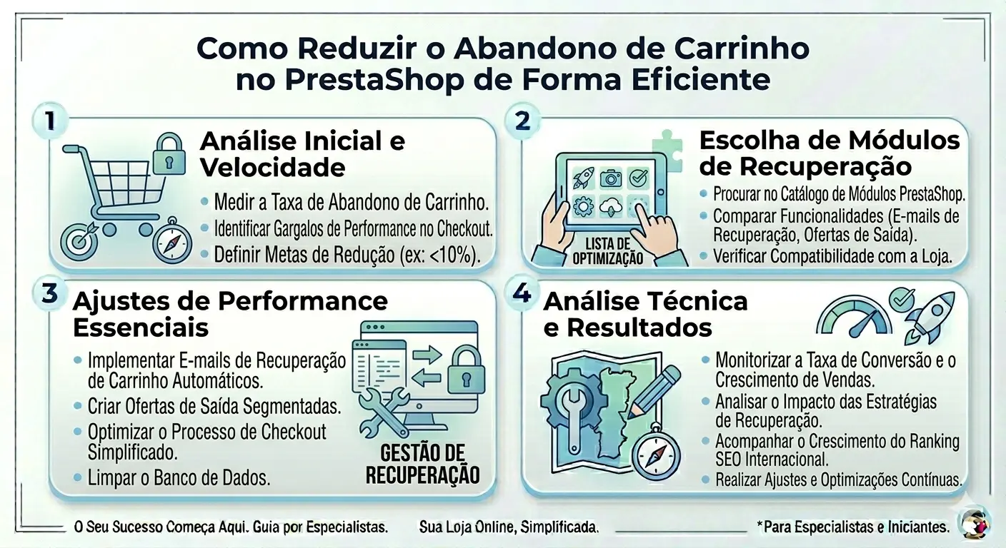 Infográfico com estratégias para reduzir o abandono de carrinho no PrestaShop, incluindo e-mails de recuperação e ofertas de saída segmentadas.