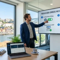 Especialista em e-commerce demonstra como resolver erros no PrestaShop num escritório no Porto com vista para a Ribeira.