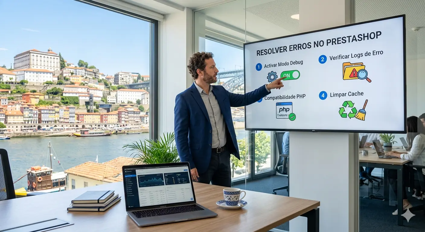 Especialista em e-commerce demonstra como resolver erros no PrestaShop num escritório no Porto com vista para a Ribeira.