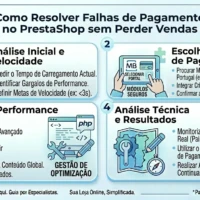 Infográfico com 4 etapas para solucionar problemas de pagamento no PrestaShop, incluindo análise de velocidade de checkout e escolha de gateways seguros em Portugal.