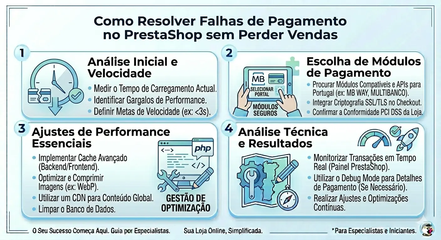 Infográfico com 4 etapas para solucionar problemas de pagamento no PrestaShop, incluindo análise de velocidade de checkout e escolha de gateways seguros em Portugal.