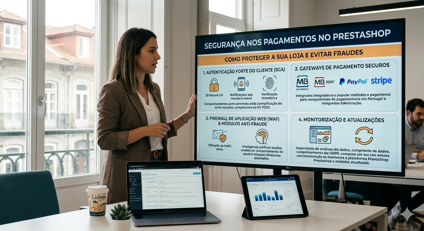 Especialista de SEO em Lisboa apresenta infográfico sobre segurança no PrestaShop com métodos Multibanco e MB WAY.