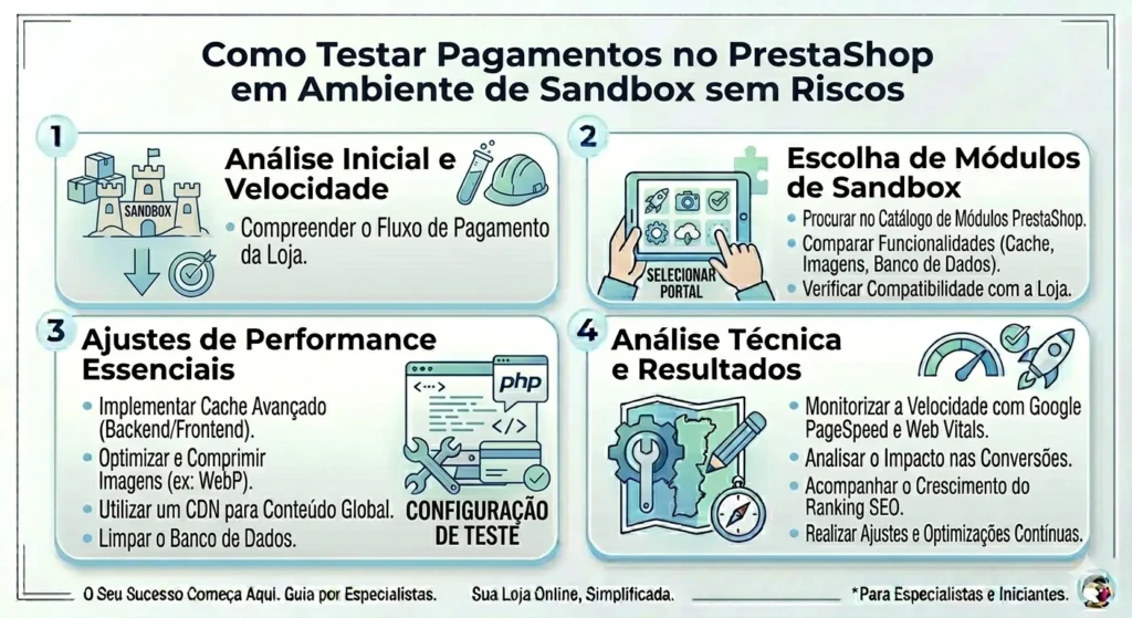 Infográfico passo a passo sobre como configurar e testar pagamentos no PrestaShop utilizando o ambiente Sandbox de gateways como PayPal e Stripe, sem riscos financeiros.