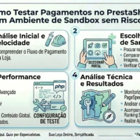 Infográfico passo a passo sobre como configurar e testar pagamentos no PrestaShop utilizando o ambiente Sandbox de gateways como PayPal e Stripe, sem riscos financeiros.
