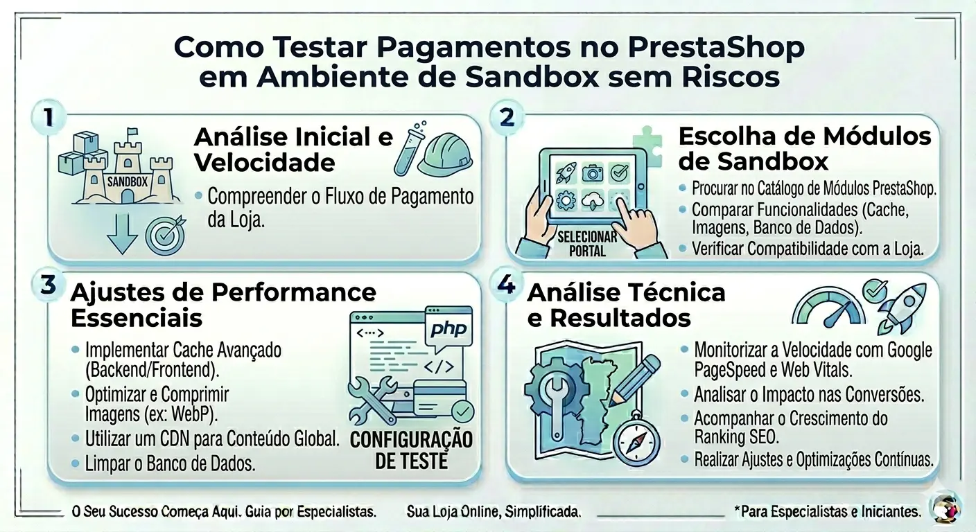 Infográfico passo a passo sobre como configurar e testar pagamentos no PrestaShop utilizando o ambiente Sandbox de gateways como PayPal e Stripe, sem riscos financeiros.